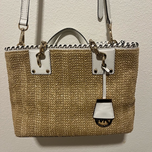 Michael Kors Handbags - Michael Kors Tan and White Raffia Tote Bag